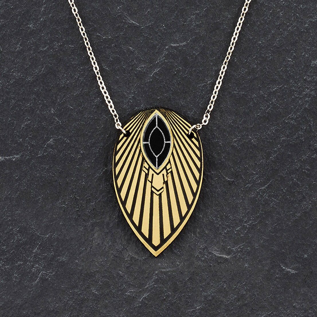 Athena Black And Gold Art Deco Pendant Long Necklace Mainemara 3895