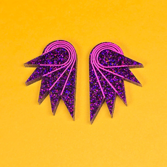 SPREAD YOUR WINGS I Glittery Purple Art Deco Wing Studs