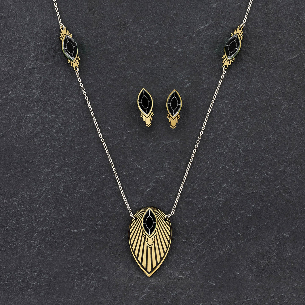 Necklace ATHENA I Black and Gold Art Deco Pendant Long Necklace The Athena emerald & gold unique long necklaces